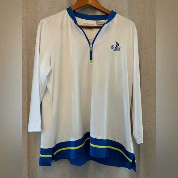 EP Pro Tour Tech Size XL Ladies Golf Shirt. White and Blue with Green Stripe. - Picture 3 of 9